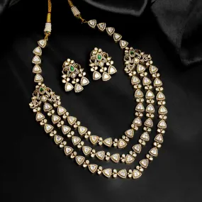 92.5 Silver 3 Layer  Moissanite  Kundan Stone Necklace with Earrings