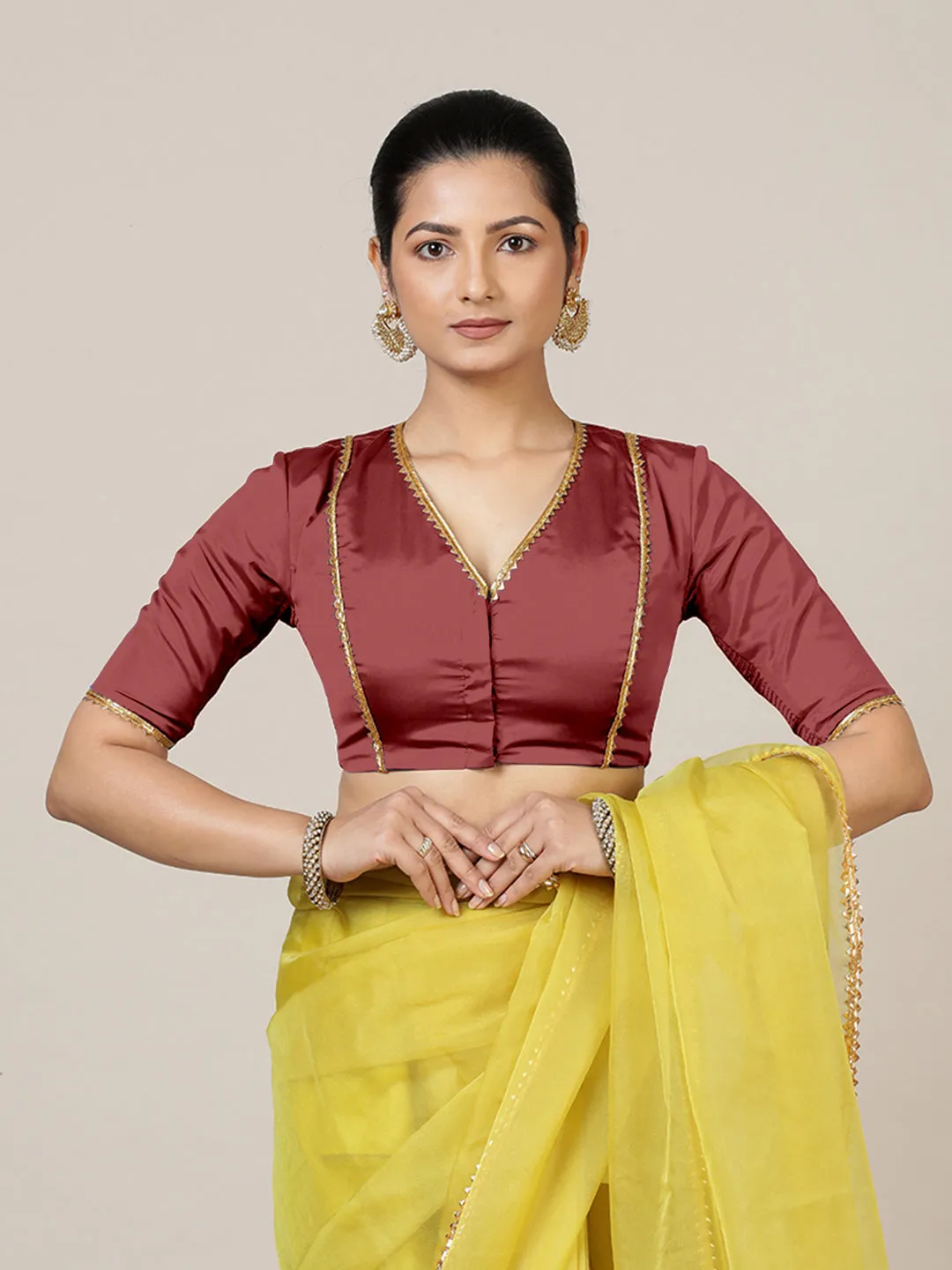 Begum x Tyohaar | Elbow Sleeves Saree Blouse in Auburn Red