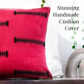 Black & Red Lined Handwoven Cushion Cover