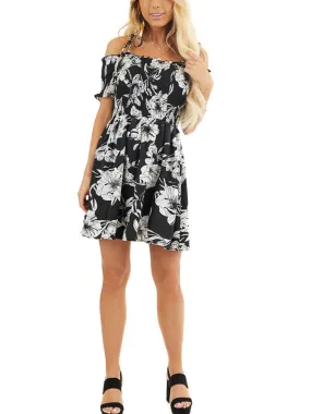 Black and White Floral Smocked Mini Dress with Strap Details