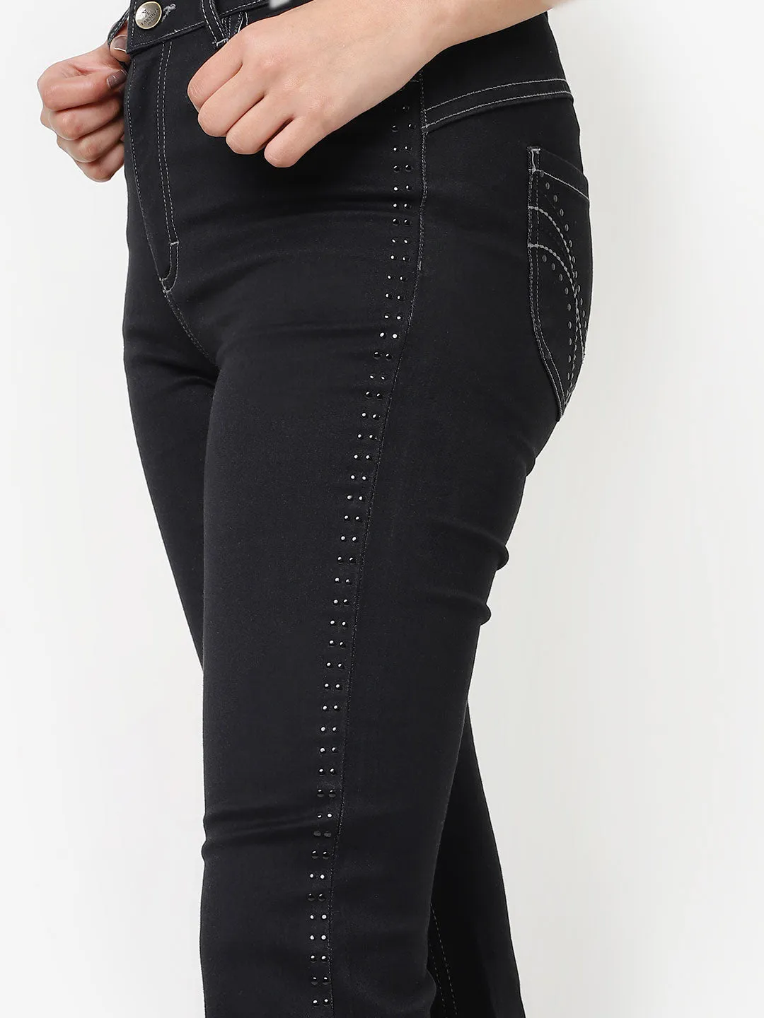 Black Bootcut Jeans Pant for Women with Stone Work on Sides