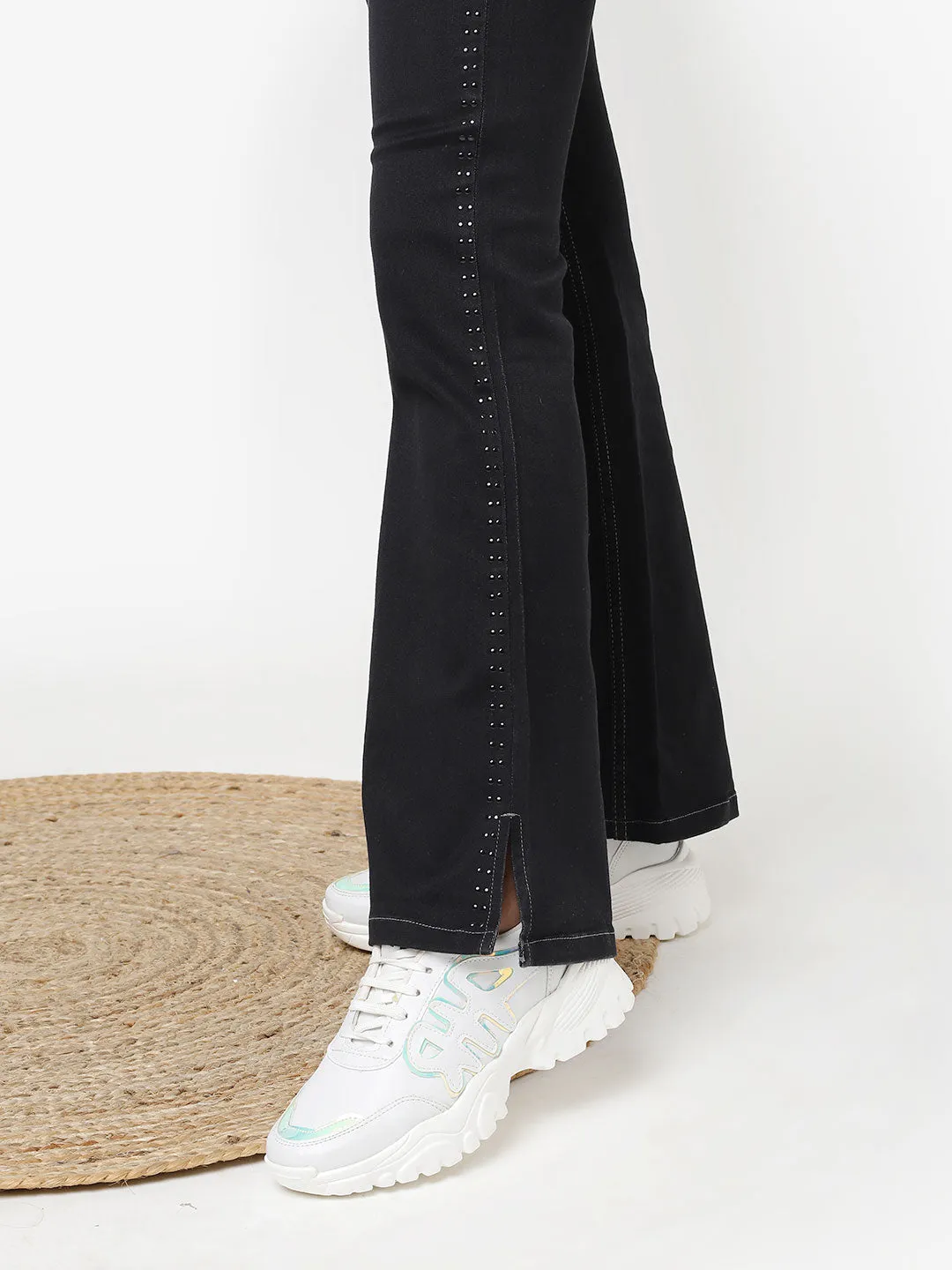 Black Bootcut Jeans Pant for Women with Stone Work on Sides