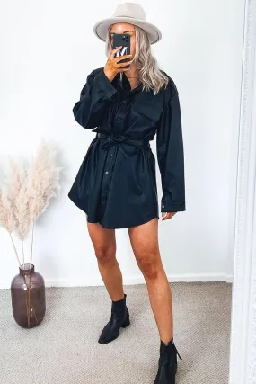 Black Faux Leather Belted Shirt Mini Dress - Alese