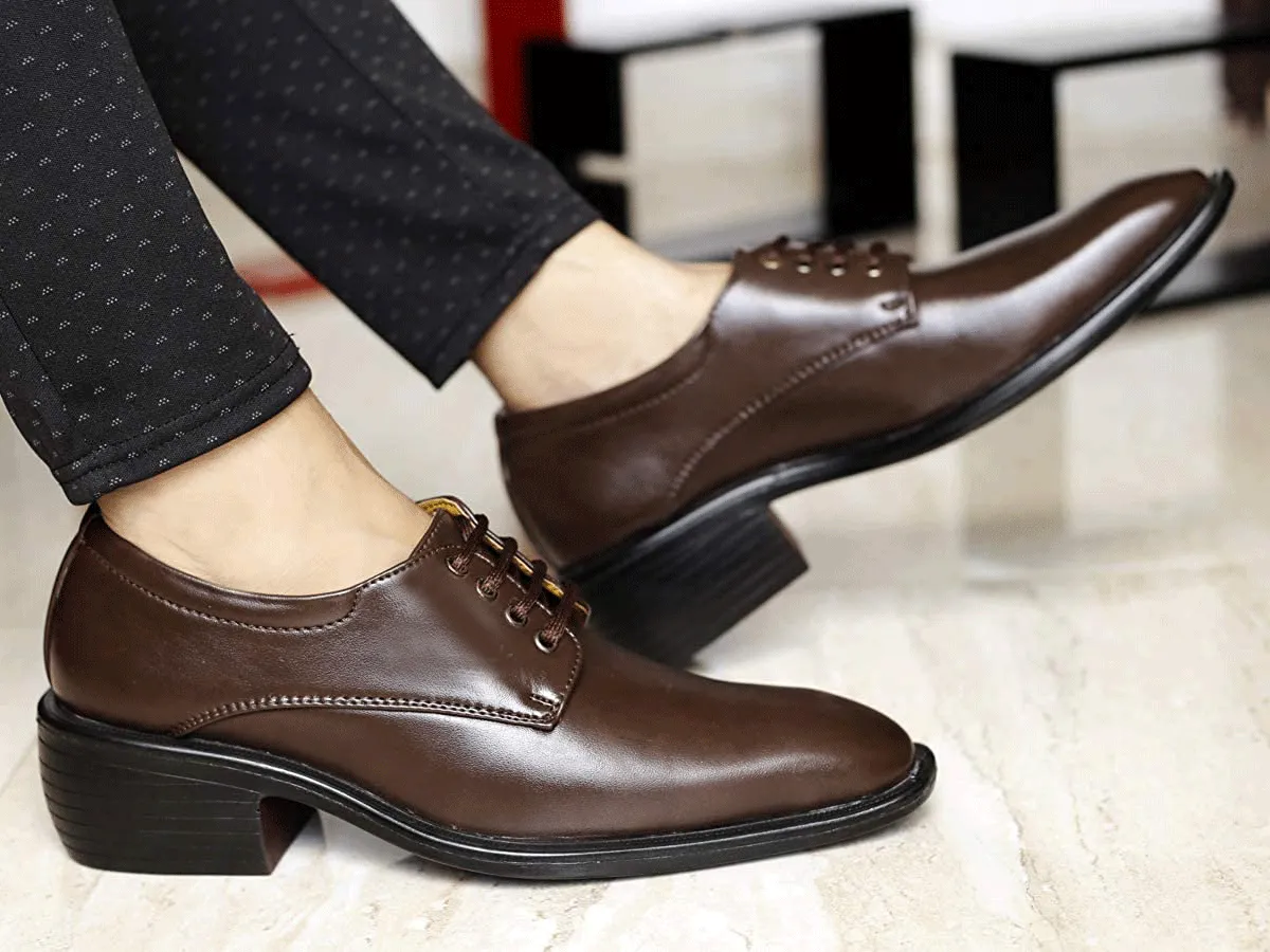 Classic Pattern Height Increasing Brown Casual, Formal Office Wear Derby Shoes-JonasParamount