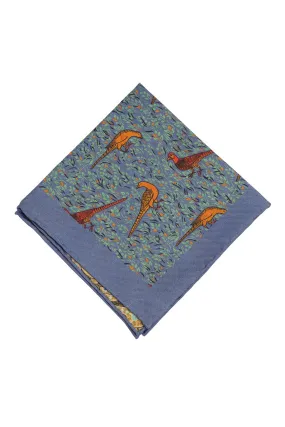 Cornflower Blue Reversible Pheasant & Paisley Silk Pocket Square