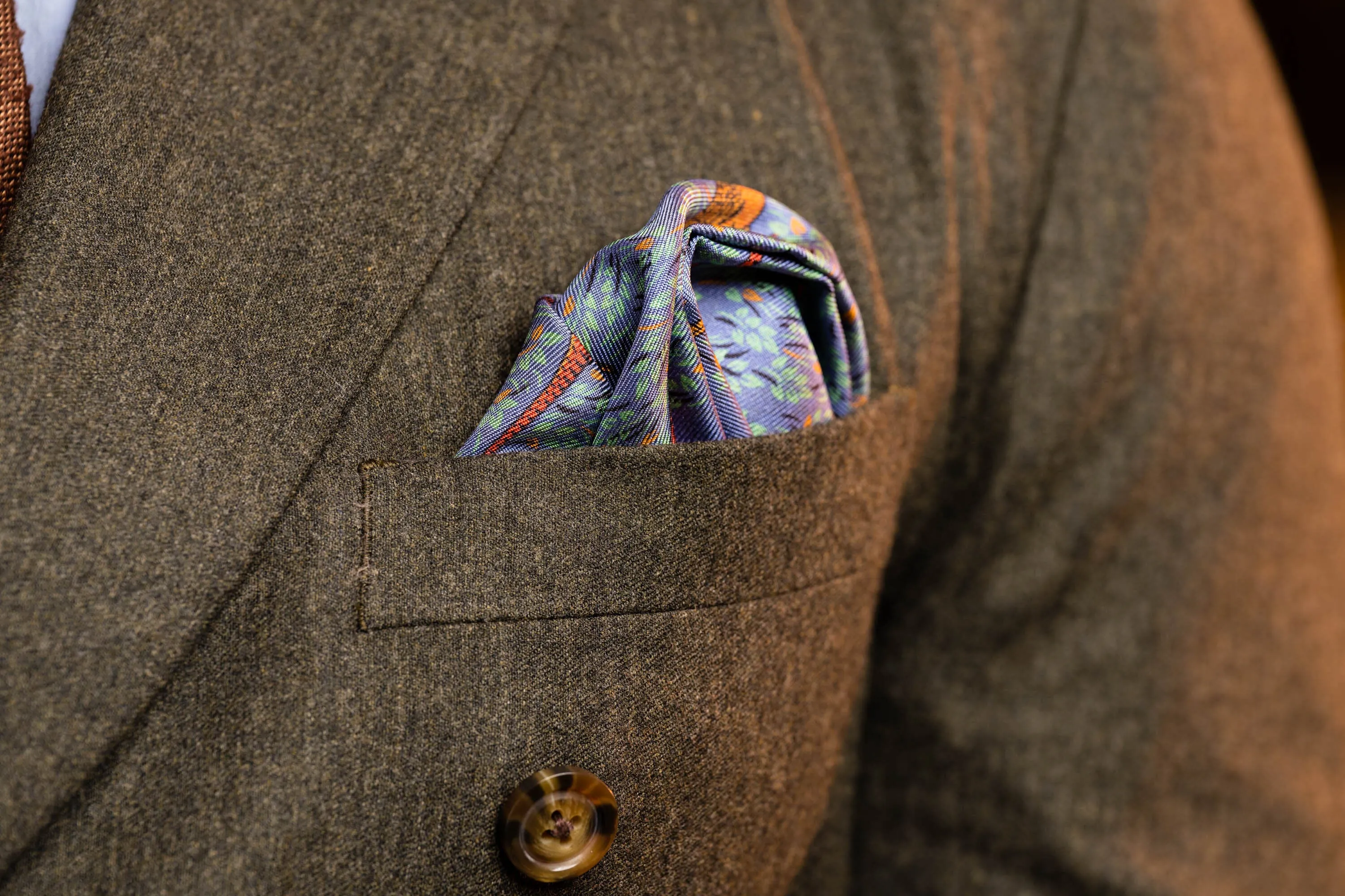 Cornflower Blue Reversible Pheasant & Paisley Silk Pocket Square