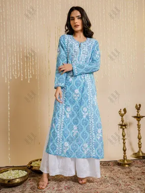 Fizaa Chikankari Kurta in Mul cotton in Blue Print