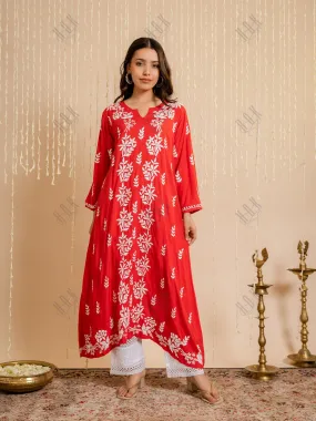 Fizaa Rayon Cotton Chikankari Kurta - Red