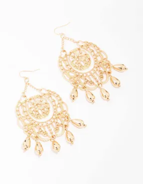 Gold Beaded Filigree Stamp Drop Earrings