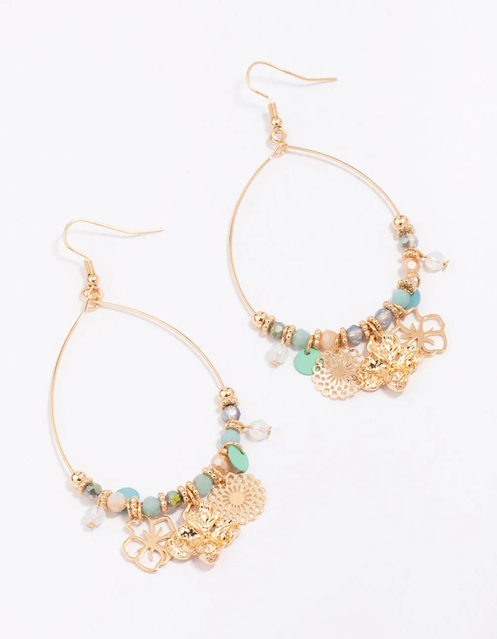 Gold Mixed Flower Beaded Drop Earrings