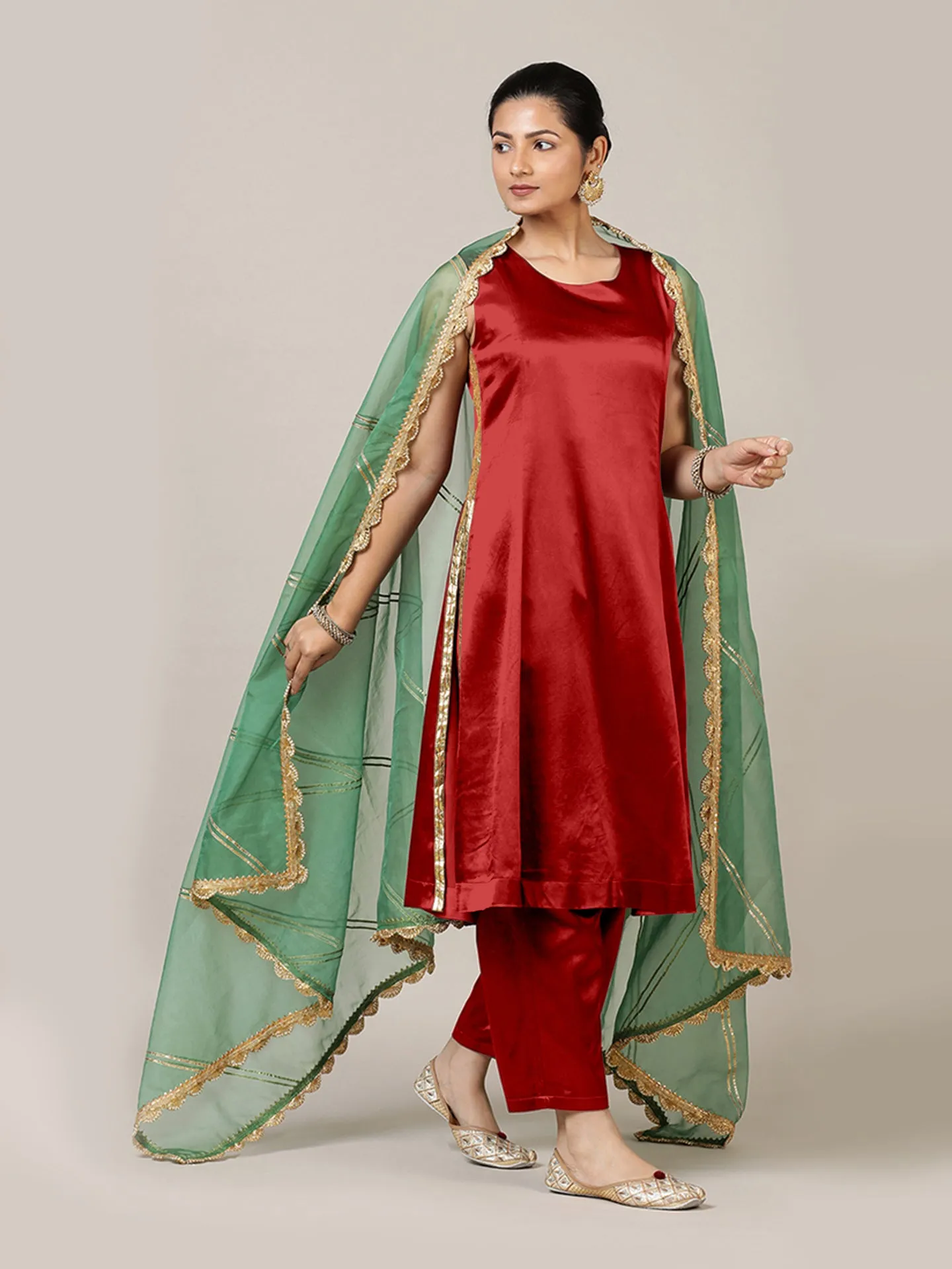 Gulnaaz x Tyohaar | Ruby Red Mashru Silk Panelled Kurta with Crushed Golden Gota Detailing | Coords or Only Kurta