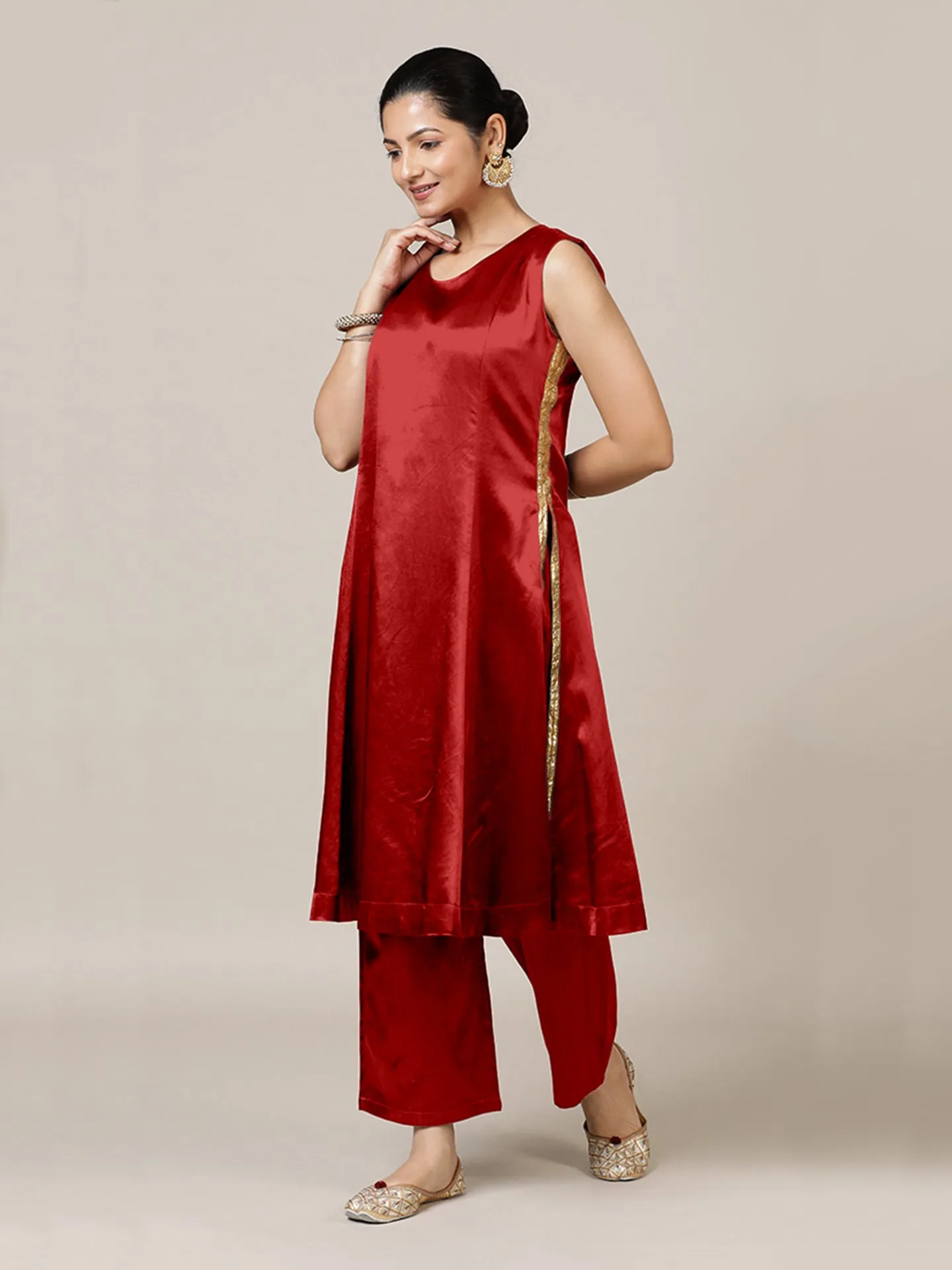 Gulnaaz x Tyohaar | Ruby Red Mashru Silk Panelled Kurta with Crushed Golden Gota Detailing | Coords or Only Kurta