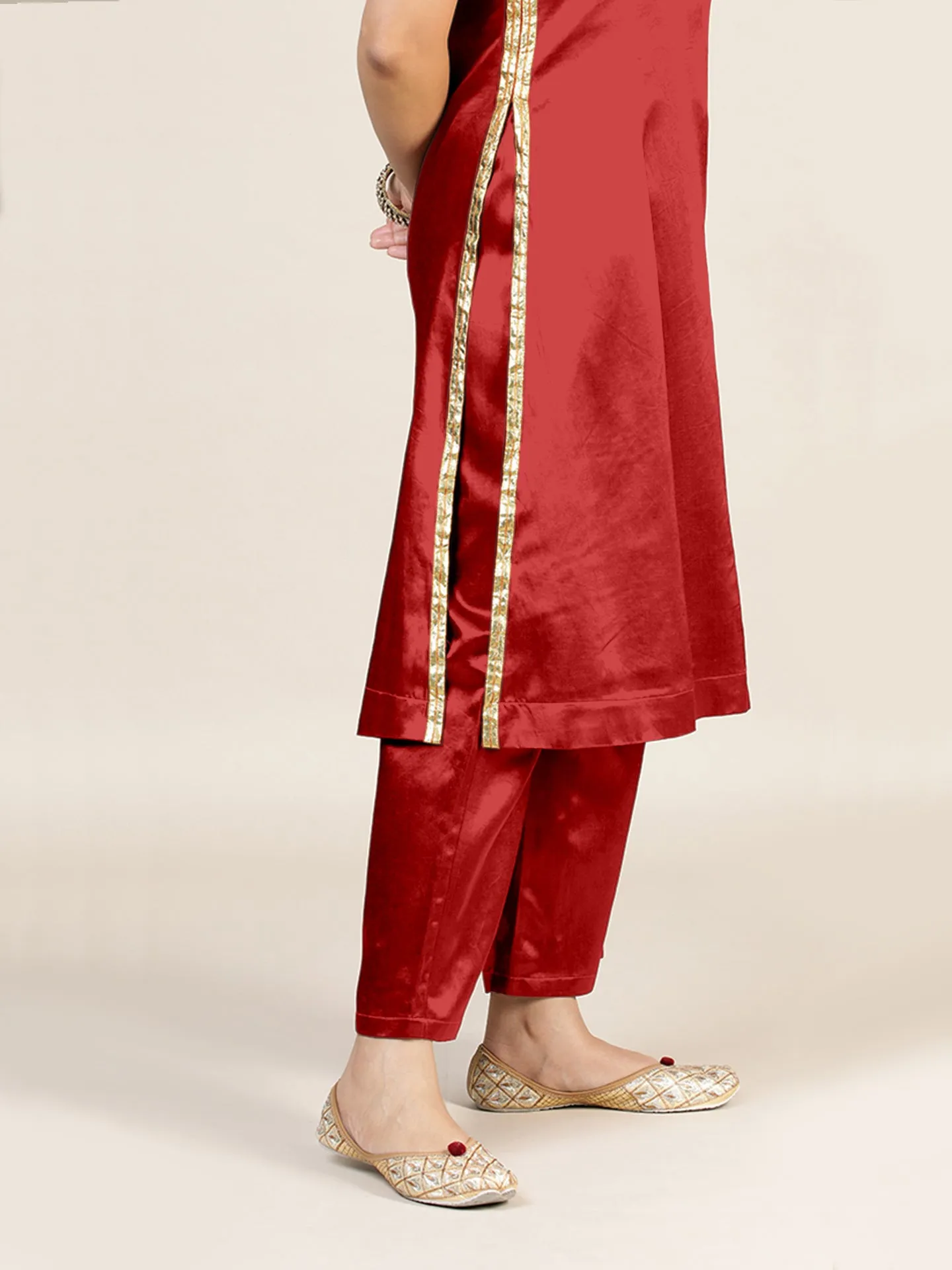 Gulnaaz x Tyohaar | Ruby Red Mashru Silk Panelled Kurta with Crushed Golden Gota Detailing | Coords or Only Kurta