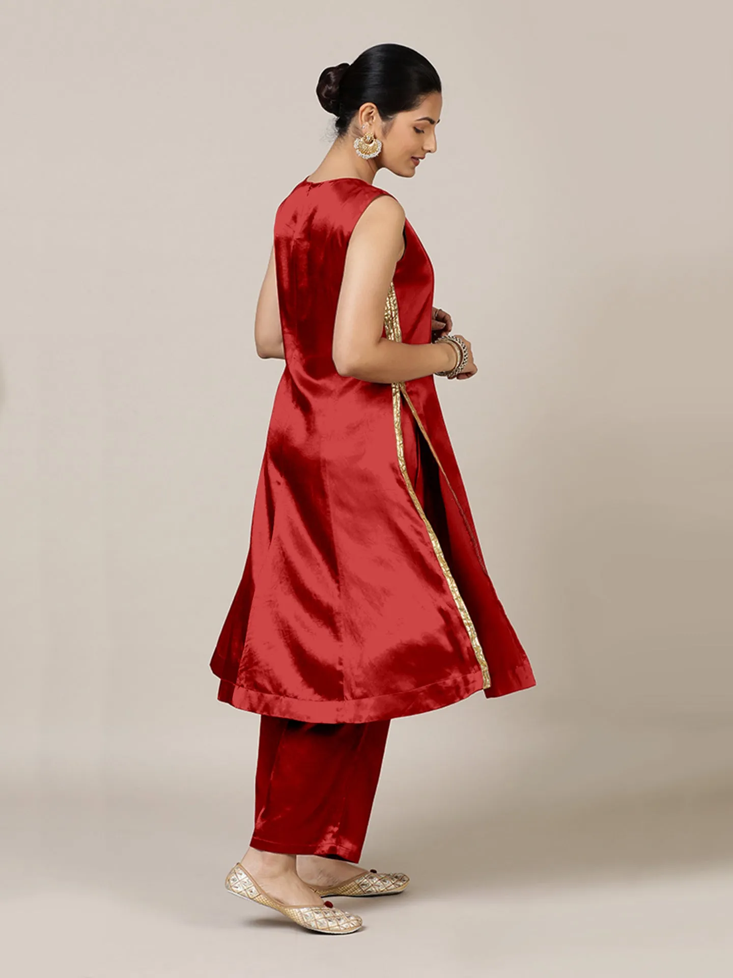 Gulnaaz x Tyohaar | Ruby Red Mashru Silk Panelled Kurta with Crushed Golden Gota Detailing | Coords or Only Kurta