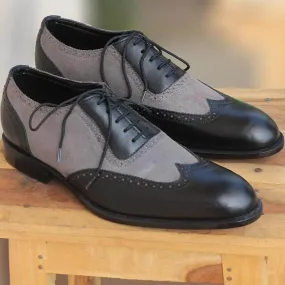 Handmade Men's Two Tone Black Gray Leather Suede Wing Tip Lace Up Shoes, Men Designer Dress Formal Luxury Shoes