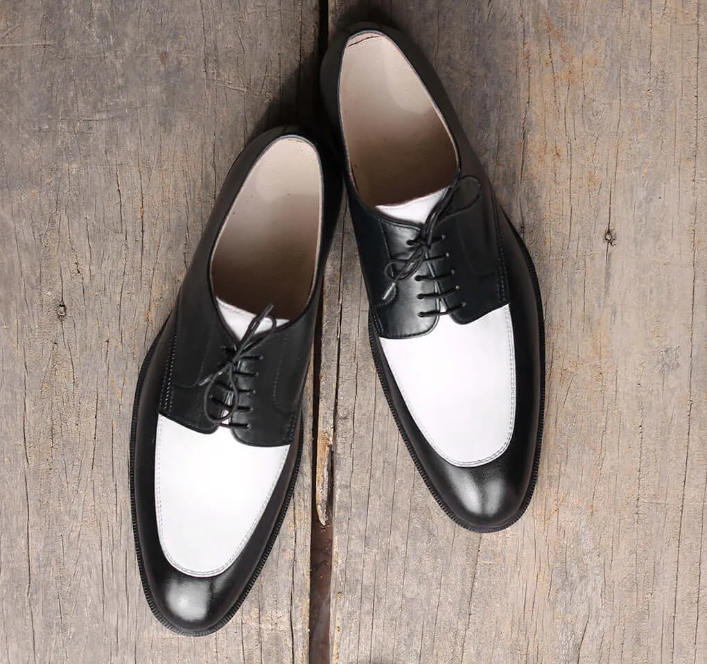 Handmade Men's Two Tone Black White Leather Lace Up Shoes, Men Designer Dress Formal Luxury Party Shoes