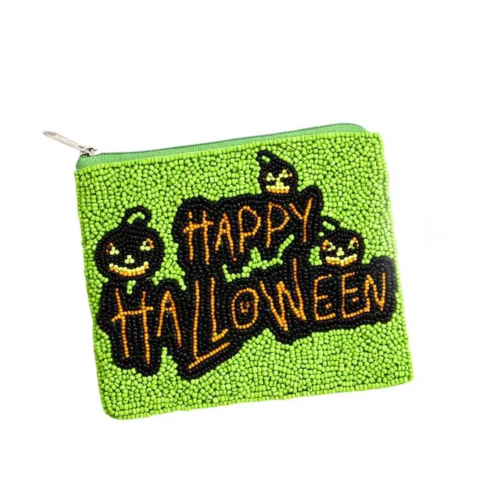 Happy Halloween Message Seed Beaded Halloween Mini Pouch Bag