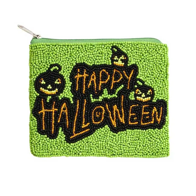 Happy Halloween Message Seed Beaded Halloween Mini Pouch Bag