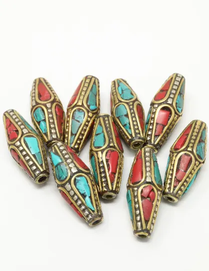 Long Bicone Tibetan Beads with Coral Turquoise Inlaid - N101