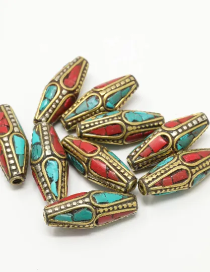 Long Bicone Tibetan Beads with Coral Turquoise Inlaid - N101