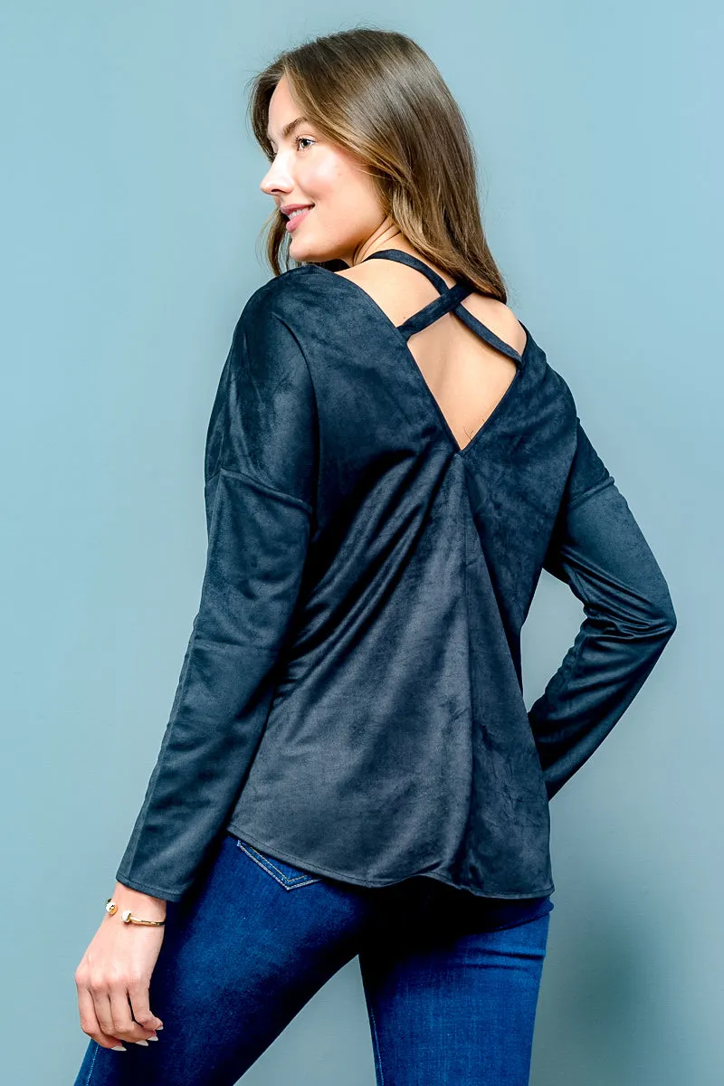 Long Sleeve V-Neck Crossed Back Top (LT23579)