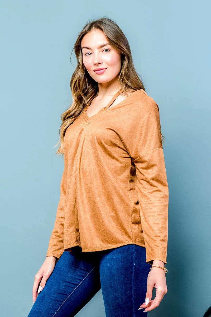 Long Sleeve V-Neck Crossed Back Top (LT23579)