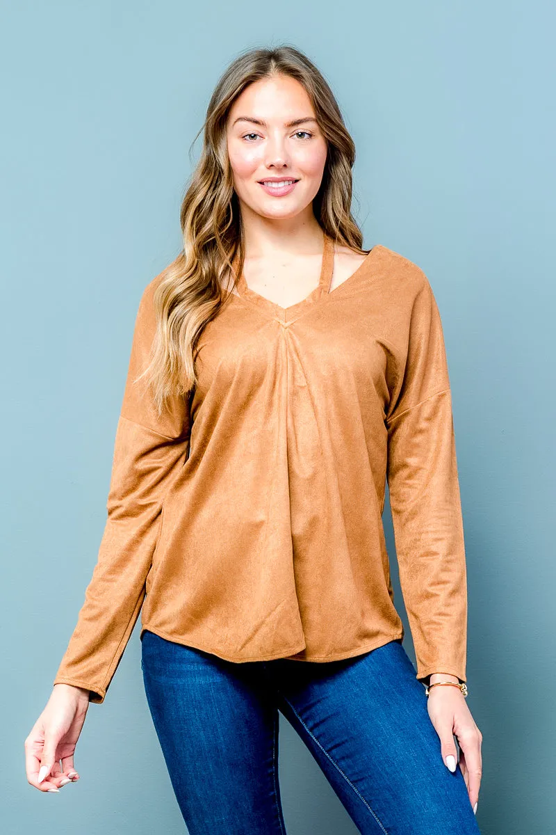 Long Sleeve V-Neck Crossed Back Top (LT23579)