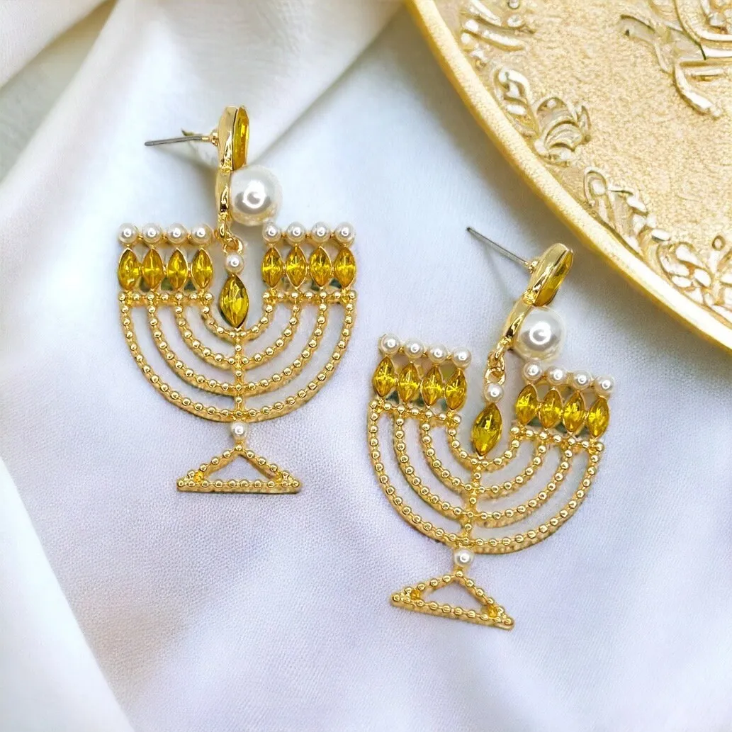 Menorah Earrings - Hanukkah Earrings, Rhinestone Earrings, Hanukkah Jewelry, Menorah Jewelry, Handmade Earrings, Jewish Holiday, Dreidel