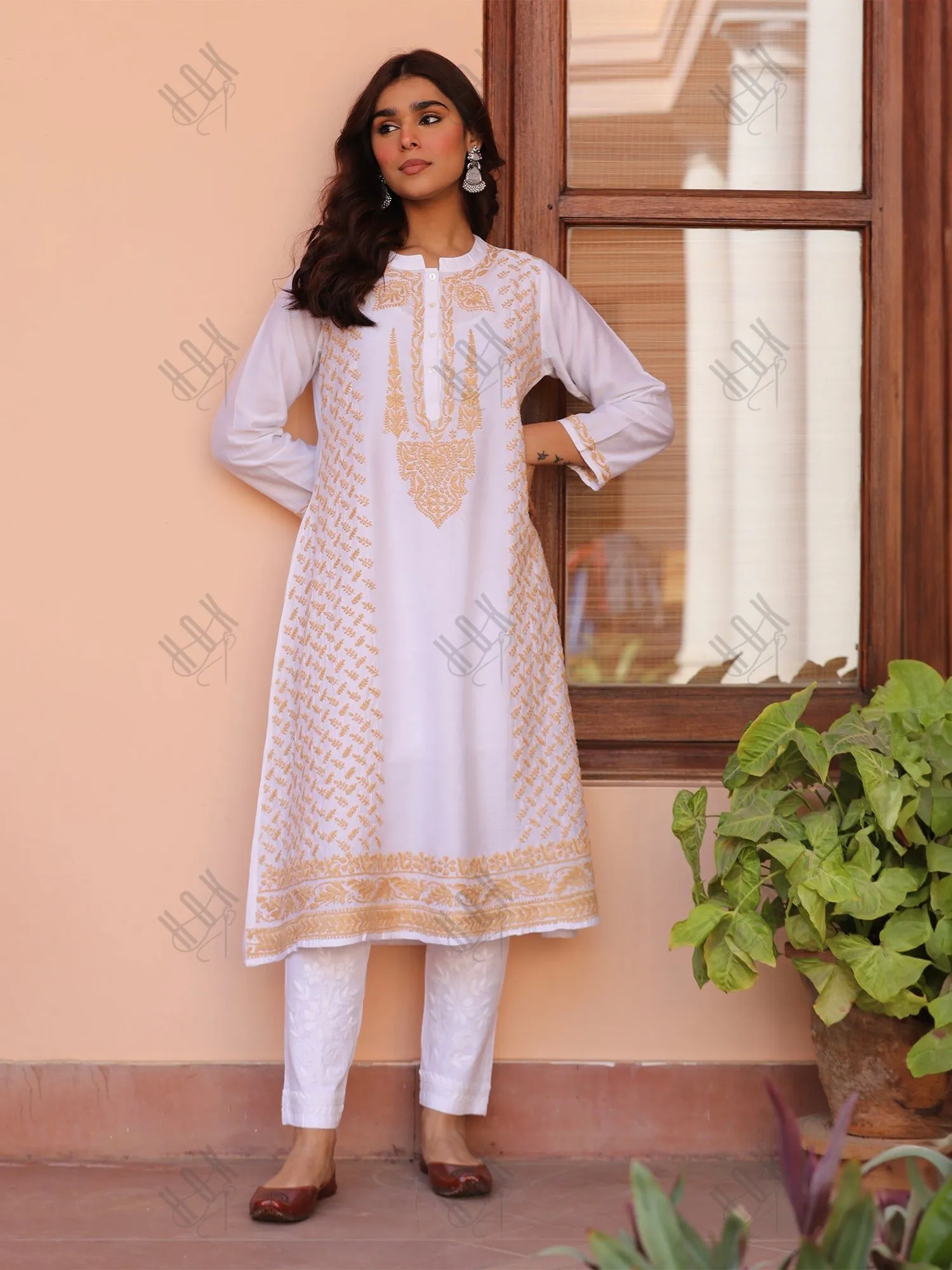 Saba Chikankari Long Kurta in Chanderi Silk with Beige