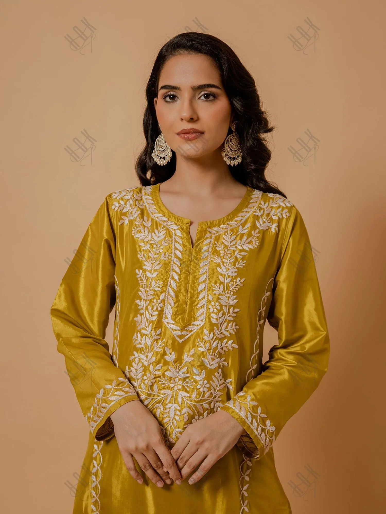 Saba Silk Chikankari Kurta Set for Women - Mustard Yellow