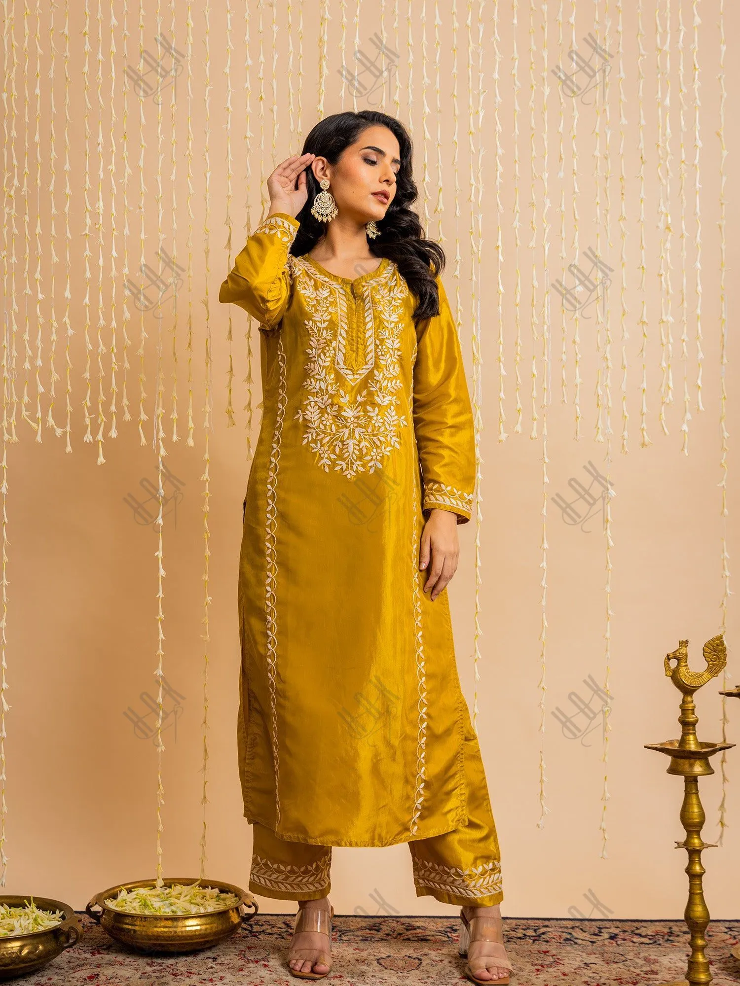 Saba Silk Chikankari Kurta Set for Women - Mustard Yellow