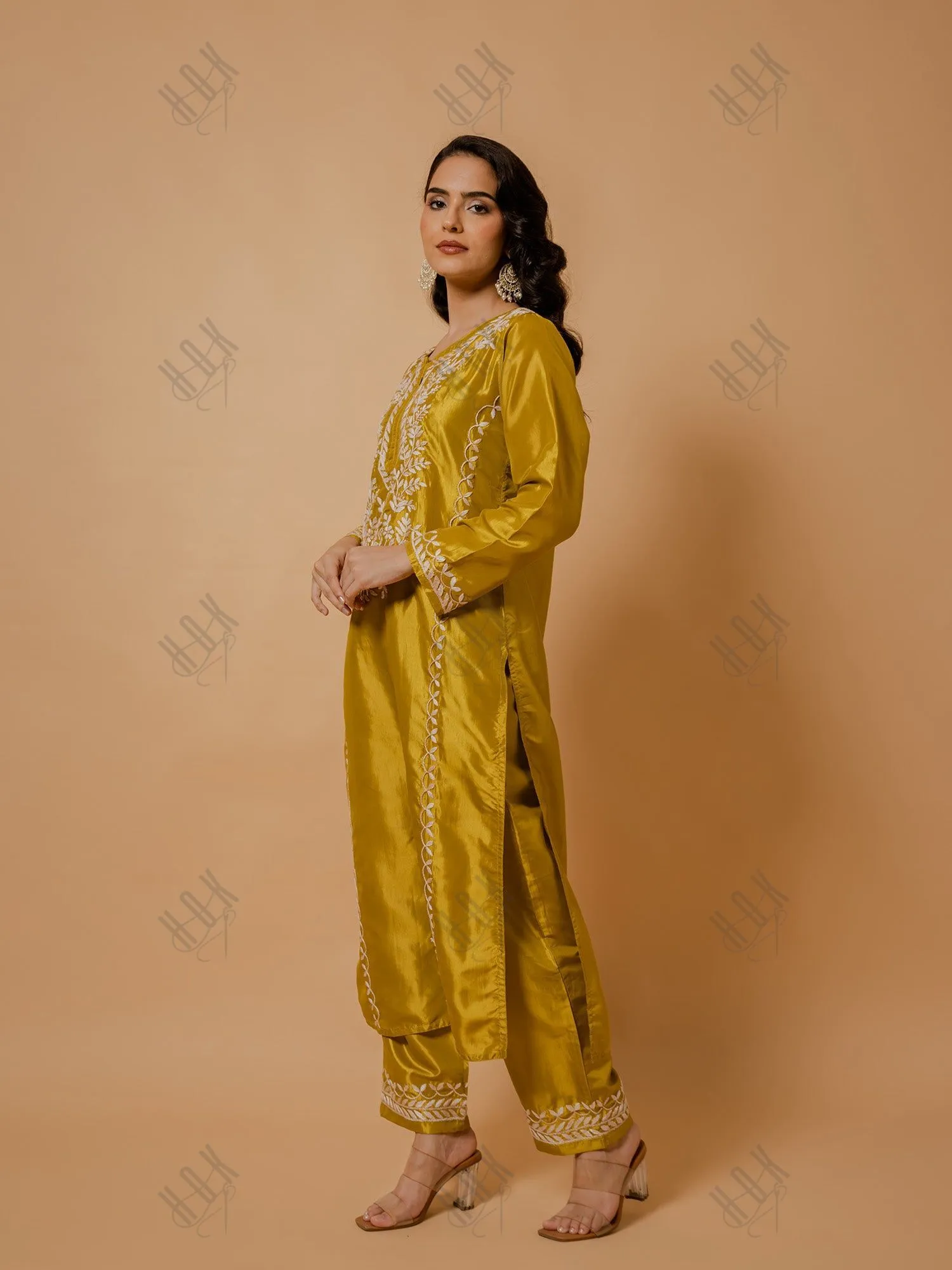 Saba Silk Chikankari Kurta Set for Women - Mustard Yellow